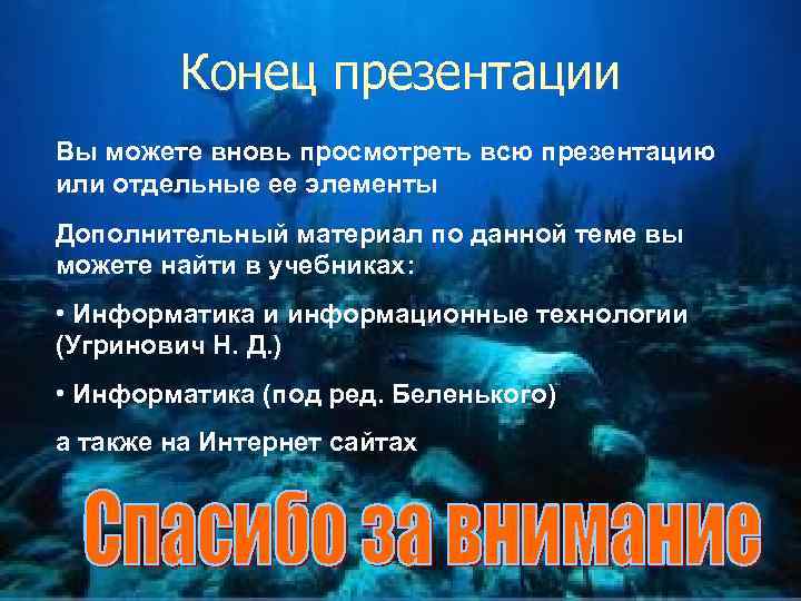 Конец презентации Вы можете вновь просмотреть всю презентацию или отдельные ее элементы Дополнительный материал