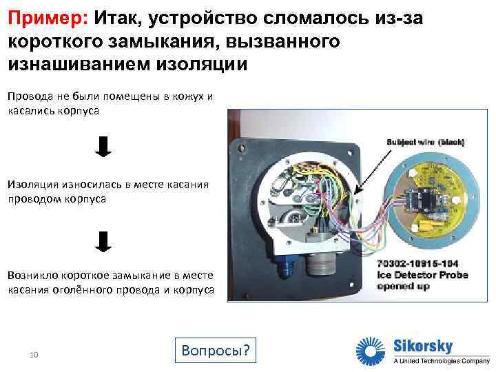 Пример: Итак, устройство сломалось из-за короткого замыкания, вызванного изнашиванием изоляции Провода не были помещены