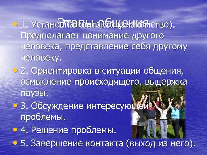 Этапы общения • 1. Установка контакта (знакомство). Предполагает понимание другого человека, представление себя другому