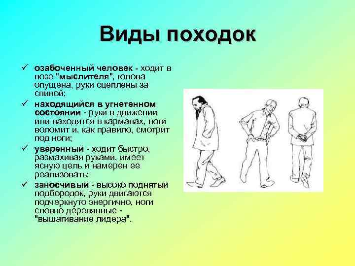 Виды походок ü озабоченный человек - ходит в позе "мыслителя", голова опущена, руки сцеплены