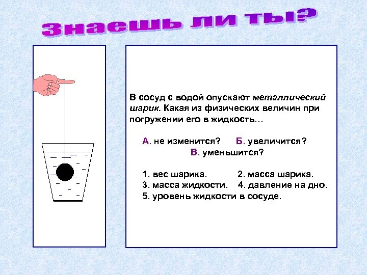 В сосуд с водой опускают металлический шарик. Какая из физических величин при погружении его