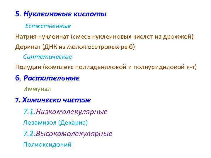 5. Нуклеиновые кислоты Естественные Натрия нуклеинат (смесь нуклеиновых кислот из дрожжей) Деринат (ДНК из
