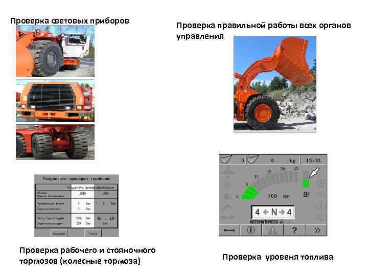 Проверка световых приборов Проверка рабочего и стояночного тормозов (колесные тормоза) Проверка правильной работы всех