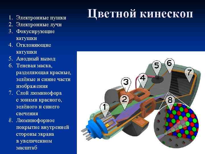 1. Электронные пушки 2. Электронные лучи 3. Фокусирующие катушки 4. Отклоняющие катушки 5. Анодный