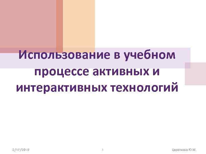 Использование в учебном процессе активных и интерактивных технологий 2/17/2018 1 Царапкина Ю. М. 