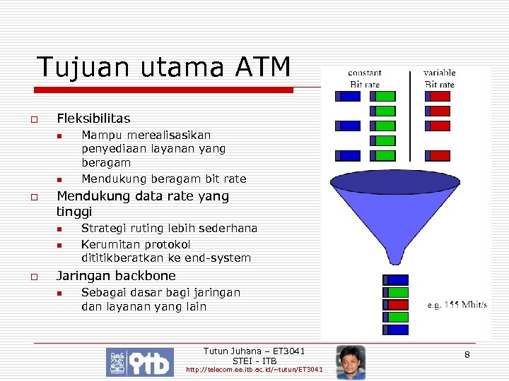 Tujuan utama ATM o Fleksibilitas n n o Mendukung data rate yang tinggi n