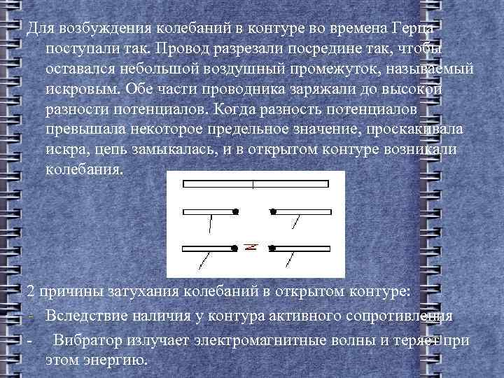 Для возбуждения колебаний в контуре во времена Герца поступали так. Провод разрезали посредине так,