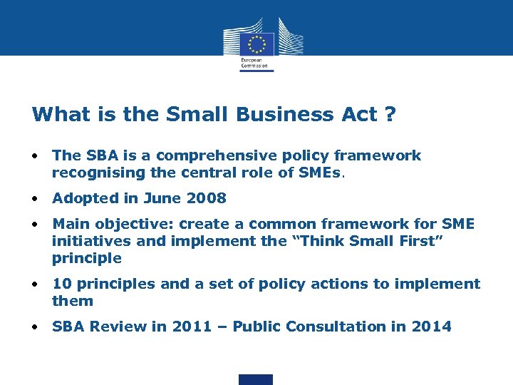 What is the Small Business Act ? • The SBA is a comprehensive policy