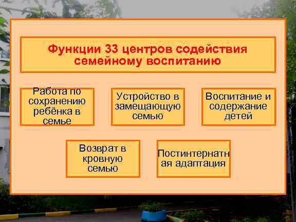 Функции 33 центров содействия семейному воспитанию Работа по сохранению ребёнка в семье Устройство в