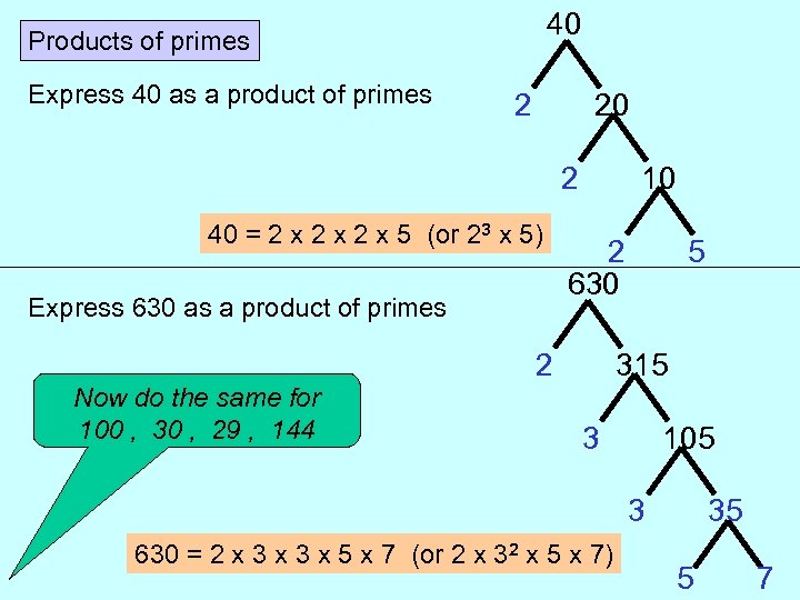 40 Products of primes Express 40 as a product of primes 2 20 2