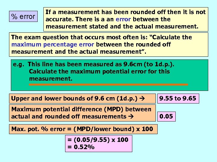 % error If a measurement has been rounded off then it is not accurate.