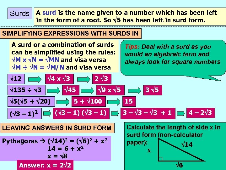 Surds A surd is the name given to a number which has been left