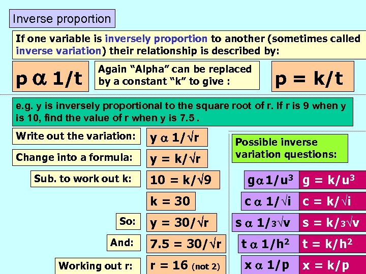 Inverse proportion If one variable is inversely proportion to another (sometimes called inverse variation)