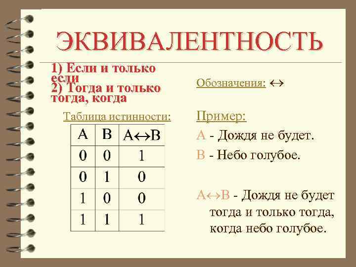 ЭКВИВАЛЕНТНОСТЬ 1) Если и только если 2) Тогда и только тогда, когда Таблица истинности: