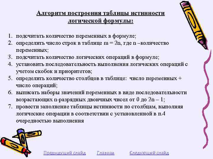 Алгоритм построения таблицы истинности логической формулы: 1. подсчитать количество переменных в формуле; 2. определить