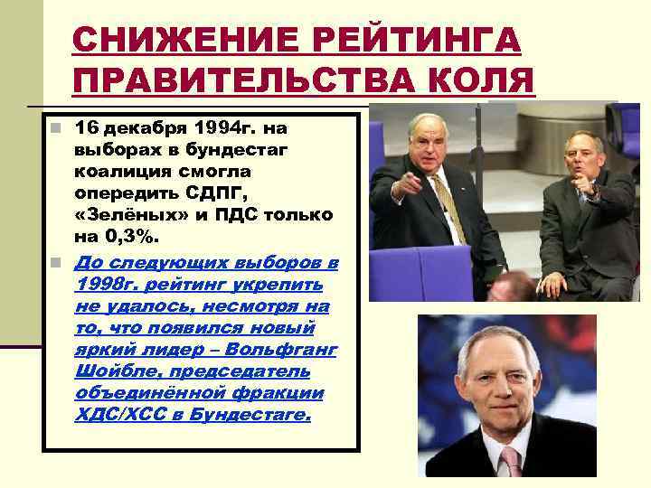 СНИЖЕНИЕ РЕЙТИНГА ПРАВИТЕЛЬСТВА КОЛЯ n 16 декабря 1994 г. на выборах в бундестаг коалиция