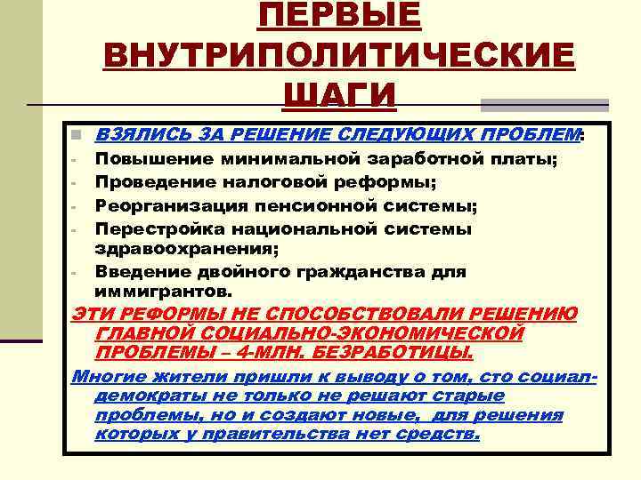 ПЕРВЫЕ ВНУТРИПОЛИТИЧЕСКИЕ ШАГИ n - ВЗЯЛИСЬ ЗА РЕШЕНИЕ СЛЕДУЮЩИХ ПРОБЛЕМ: Повышение минимальной заработной платы;