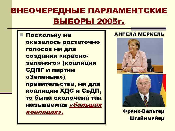 ВНЕОЧЕРЕДНЫЕ ПАРЛАМЕНТСКИЕ ВЫБОРЫ 2005 г. n Поскольку не оказалось достаточно голосов ни для создания