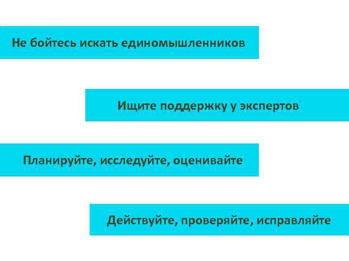 Не бойтесь искать единомышленников Ищите поддержку у экспертов Планируйте, исследуйте, оценивайте Действуйте, проверяйте, исправляйте