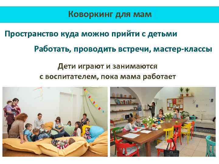 Коворкинг для мам Пространство куда можно прийти с детьми Работать, проводить встречи, мастер-классы Дети