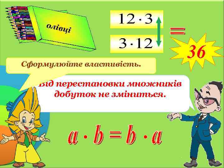 И олів РАНДАШ ц КА і Сформулюйте властивість. Від перестановки множників добуток не зміниться.