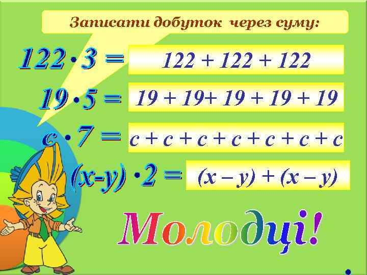 Записати добуток через суму: 122 + 122 19 + 19 с+с+с+с (х – у)