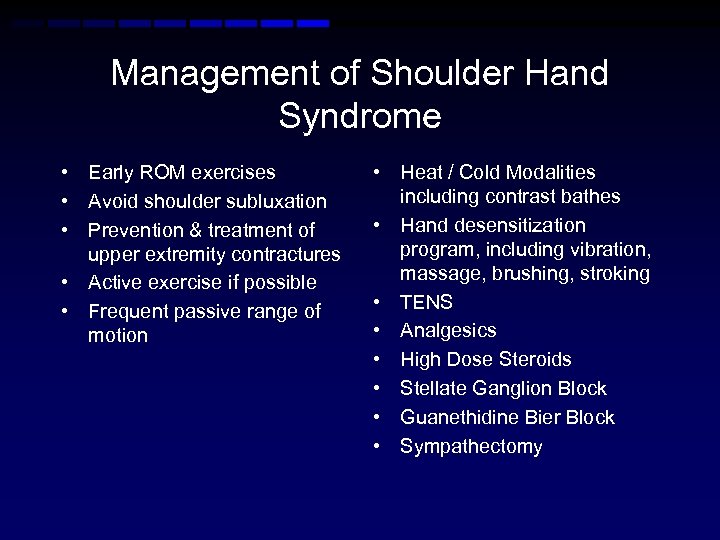 Management of Shoulder Hand Syndrome • Early ROM exercises • Avoid shoulder subluxation •