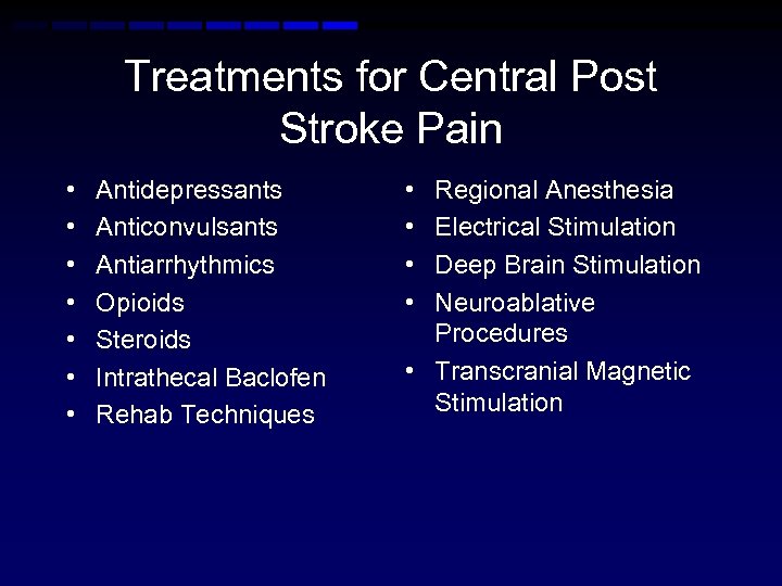 Treatments for Central Post Stroke Pain • • Antidepressants Anticonvulsants Antiarrhythmics Opioids Steroids Intrathecal