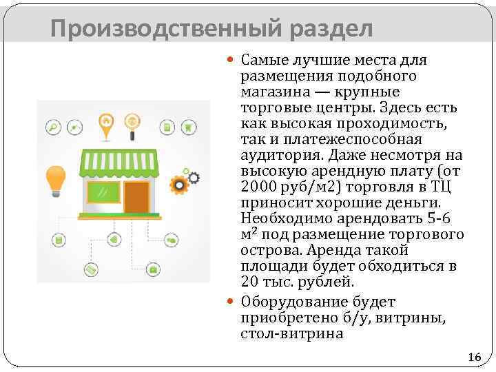 Производственный раздел Самые лучшие места для размещения подобного магазина — крупные торговые центры. Здесь