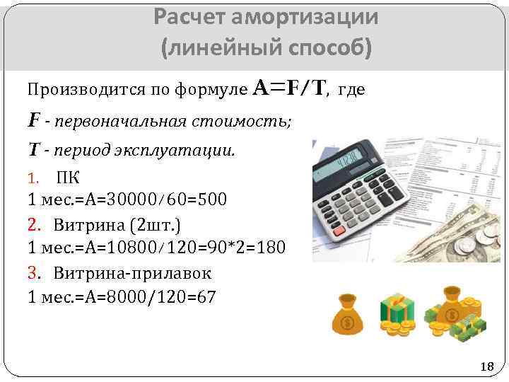 Расчет амортизации (линейный способ) Производится по формуле A=F/T, где F - первоначальная стоимость; T