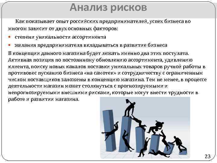 Анализ рисков Как показывает опыт российских предпринимателей, успех бизнеса во многом зависит от двух