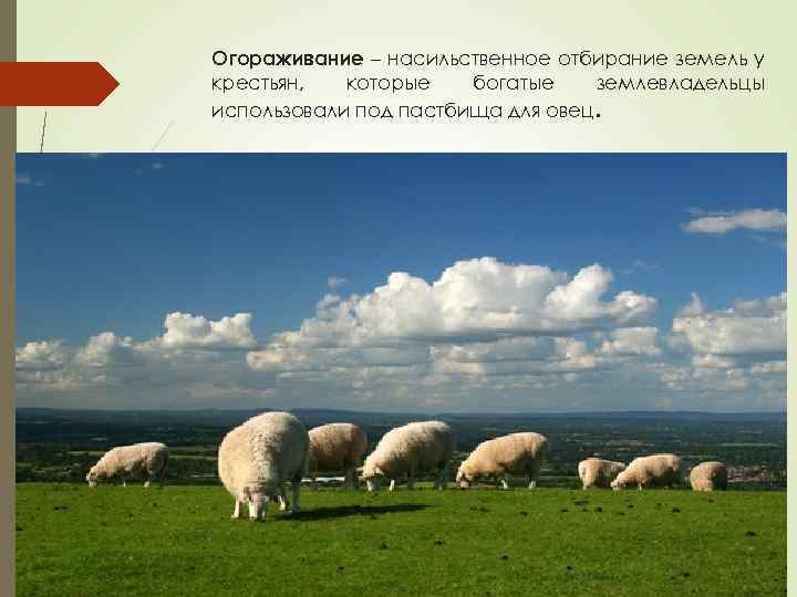 Огораживание – насильственное отбирание земель у крестьян, которые богатые землевладельцы использовали под пастбища для