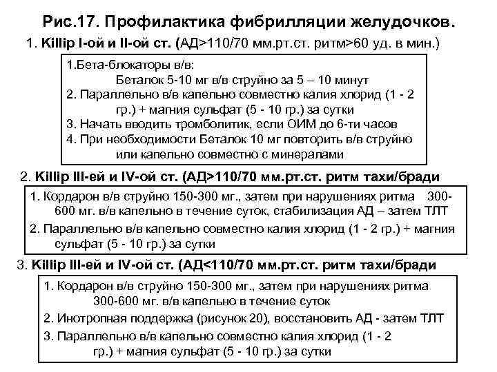 Рис. 17. Профилактика фибрилляции желудочков. 1. Killip I-ой и II-ой ст. (АД>110/70 мм. рт.