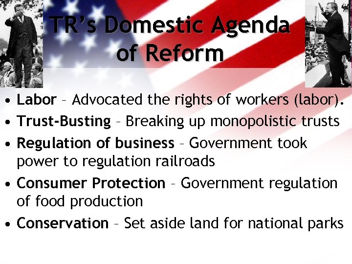 TR’s Domestic Agenda of Reform • Labor – Advocated the rights of workers (labor).