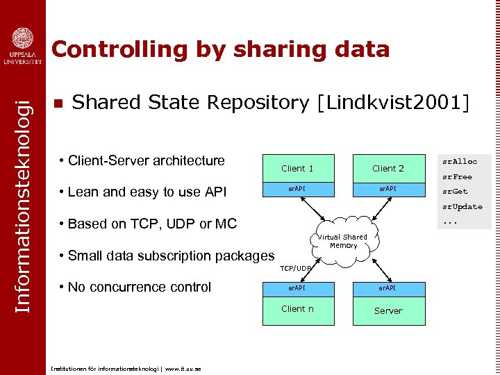 Informationsteknologi Controlling by sharing data n Shared State Repository [Lindkvist 2001] • Client-Server architecture