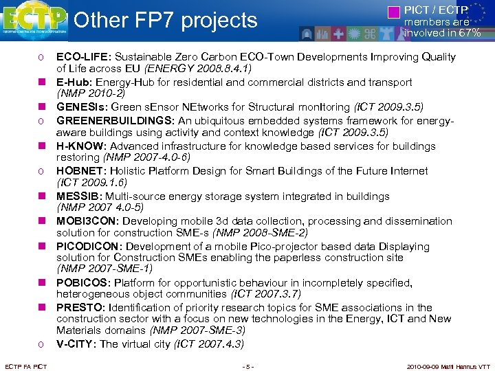 Other FP 7 projects o n n n o ECTP FA PICT / ECTP