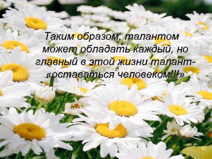 Таким образом, талантом может обладать каждый, но главный в этой жизни талант «оставаться человеком!!!»