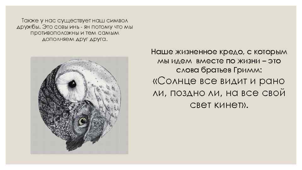 Также у нас существует наш символ дружбы. Это совы инь - ян потому что