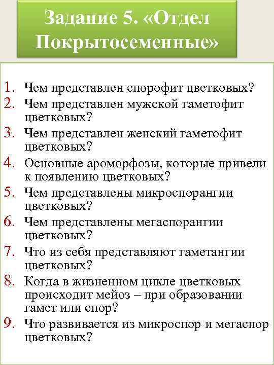 Задание 5. «Отдел Покрытосеменные» 1. Чем представлен спорофит цветковых? 2. Чем представлен мужской гаметофит