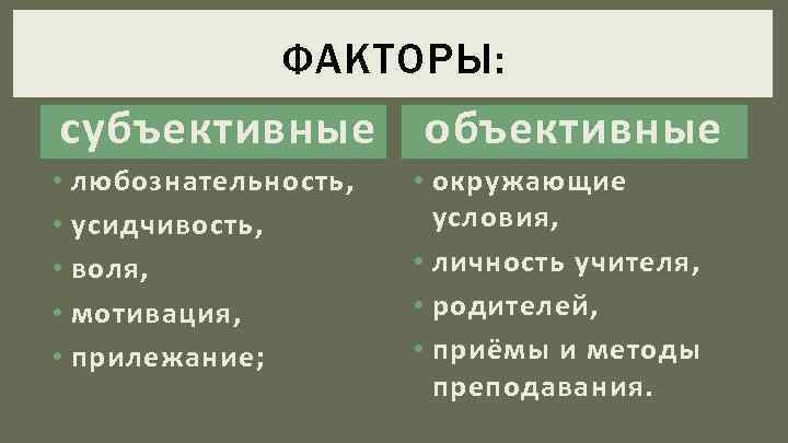 ФАКТОРЫ: субъективные • любознательность, • усидчивость, • воля, • мотивация, • прилежание; объективные •