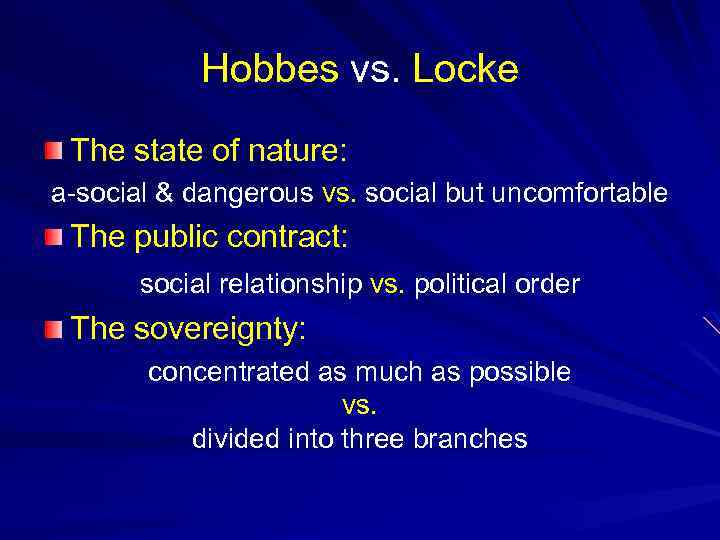 Hobbes vs. Locke The state of nature: a-social & dangerous vs. social but uncomfortable