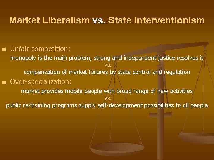 Market Liberalism vs. State Interventionism n Unfair competition: monopoly is the main problem, strong