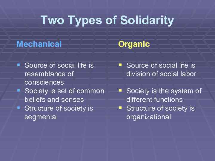 Two Types of Solidarity Mechanical Organic § Source of social life is § §