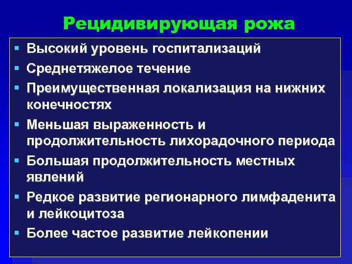 Рецидивирующая рожа Высокий уровень госпитализаций Среднетяжелое течение Преимущественная локализация на нижних конечностях Меньшая выраженность