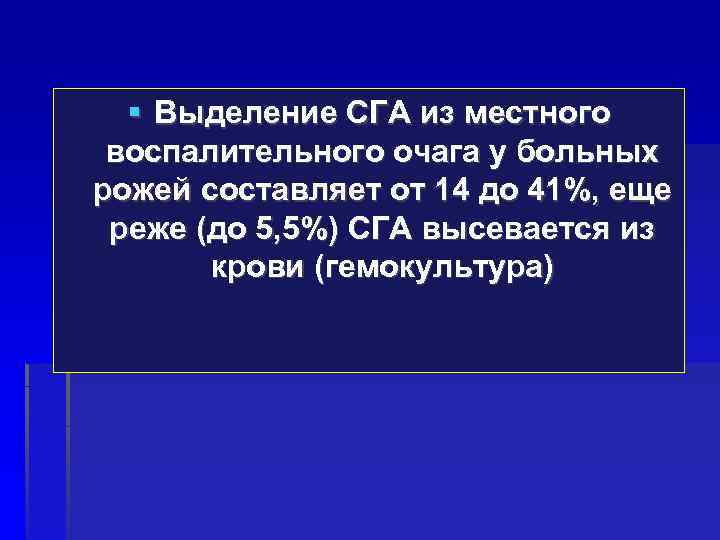  Выделение СГА из местного воспалительного очага у больных рожей составляет от 14 до
