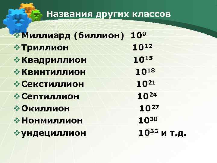 Названия других классов v Миллиард (биллион) 109 v Триллион 1012 v Квадриллион 1015 v