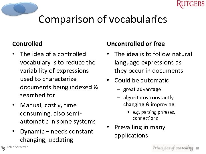 Comparison of vocabularies Controlled Uncontrolled or free • The idea of a controlled •