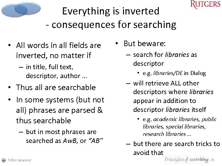 Everything is inverted consequences for searching • All words in all fields are inverted,