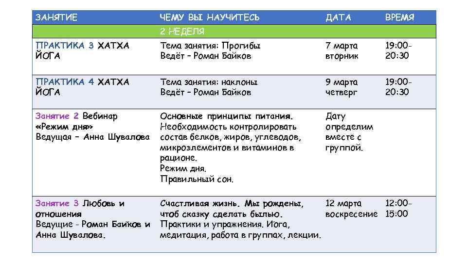 ЗАНЯТИЕ ЧЕМУ ВЫ НАУЧИТЕСЬ ДАТА ВРЕМЯ 2 НЕДЕЛЯ ПРАКТИКА 3 ХАТХА ЙОГА Тема занятия: