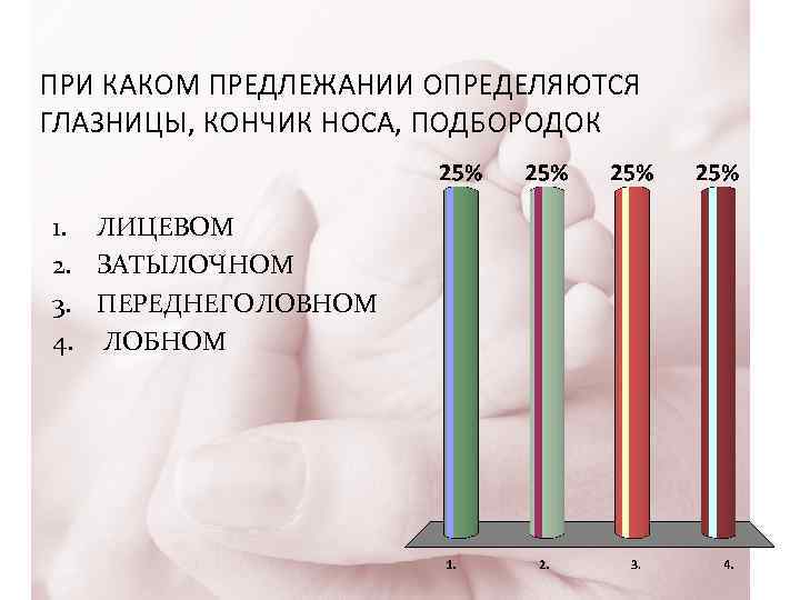 ПРИ КАКОМ ПРЕДЛЕЖАНИИ ОПРЕДЕЛЯЮТСЯ ГЛАЗНИЦЫ, КОНЧИК НОСА, ПОДБОРОДОК 1. ЛИЦЕВОМ 2. ЗАТЫЛОЧНОМ 3. ПЕРЕДНЕГОЛОВНОМ